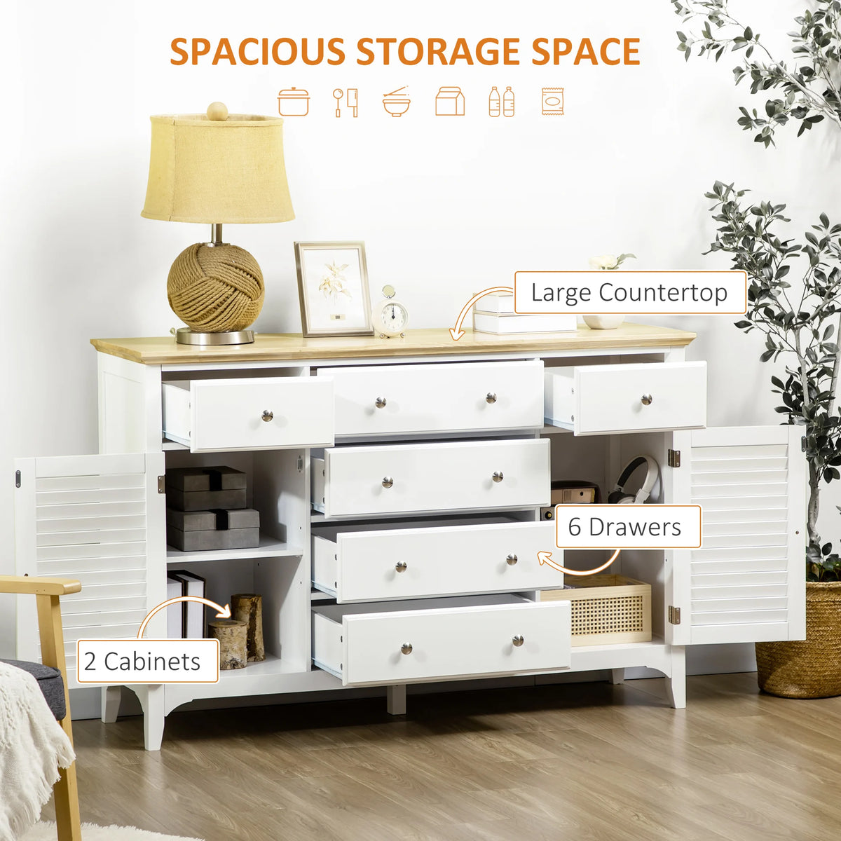 Florabloom storage graphic showing six open drawers and two side cabinets
