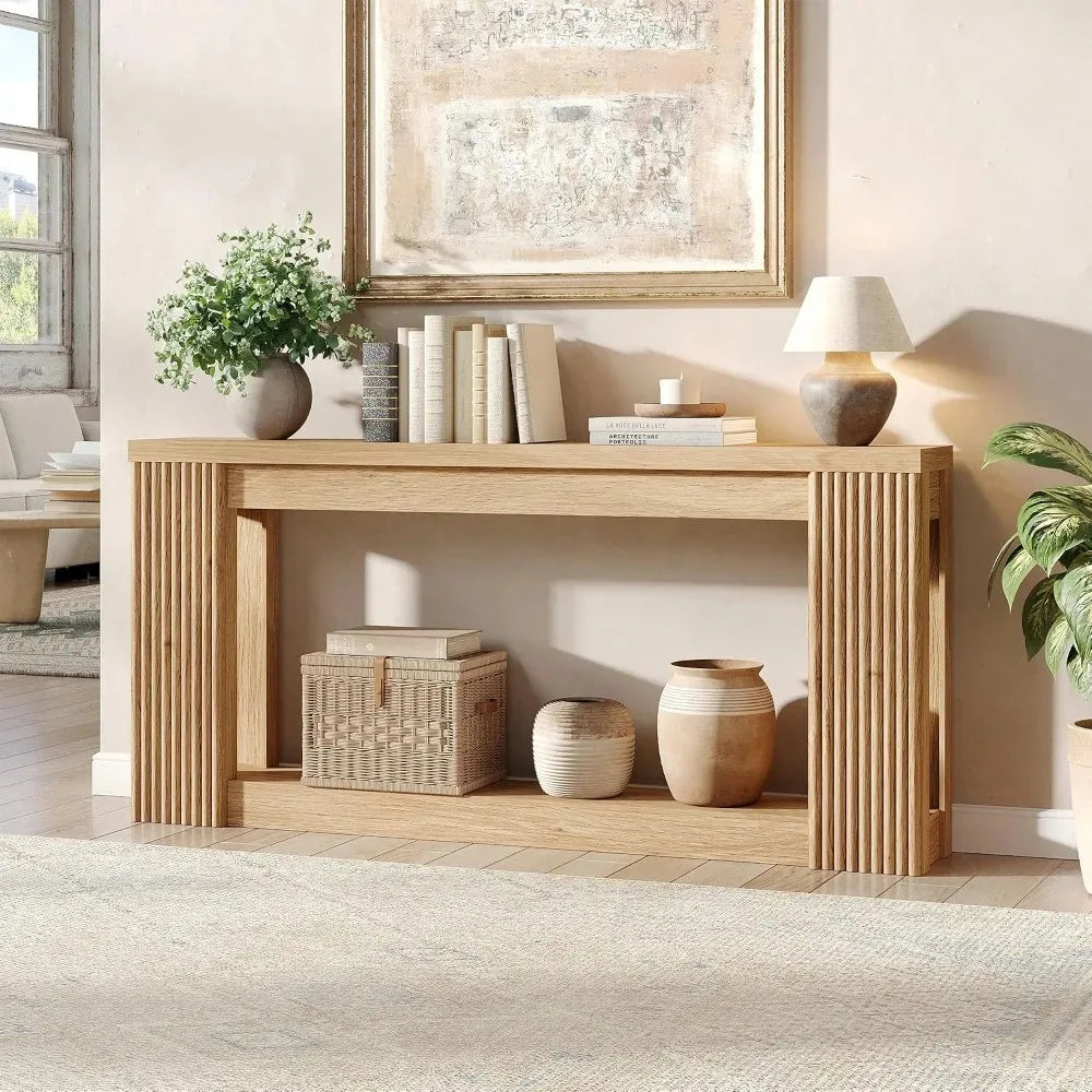 Natural Alvienne console table with open center and fluted side panels