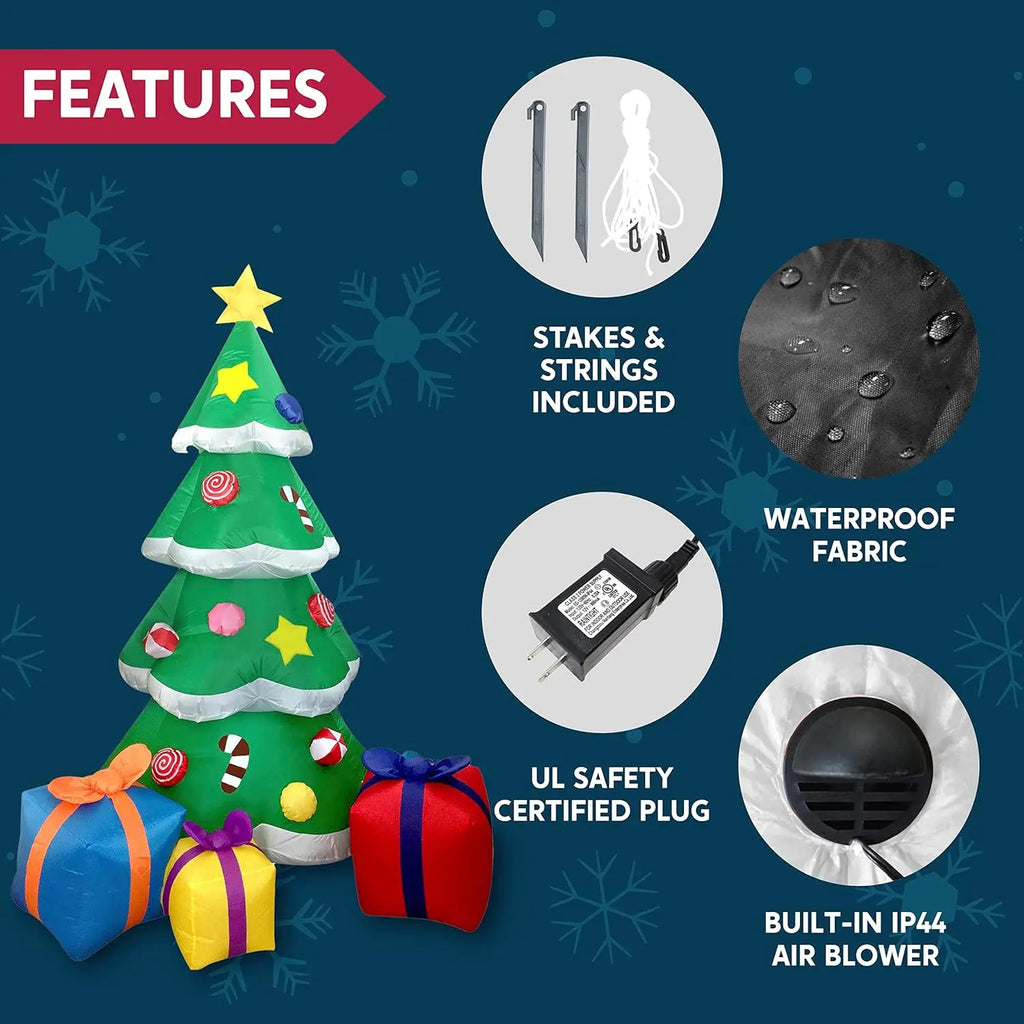 Tinselglow fabric, built-in blower, power adapter, ground stakes and tether accessories.