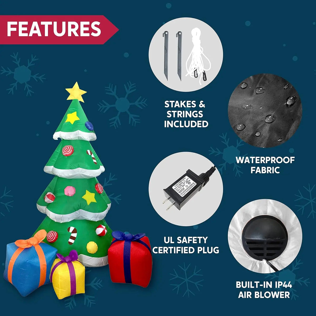Tinselglow fabric, built-in blower, power adapter, ground stakes and tether accessories.