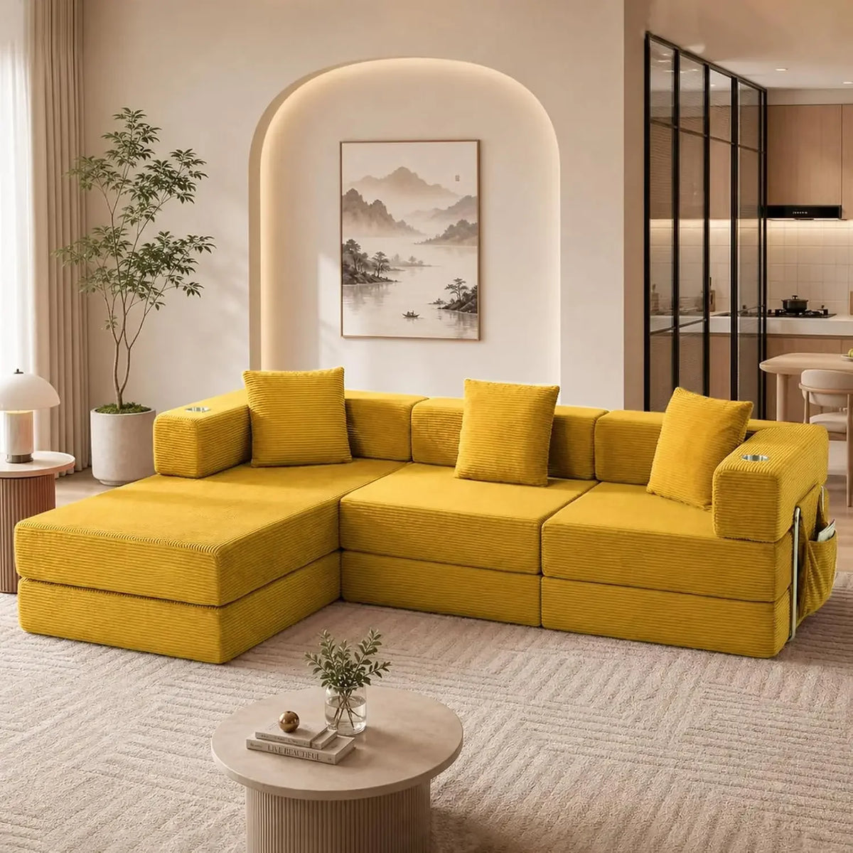Luvrenne Yellow corduroy convertible sectional variant