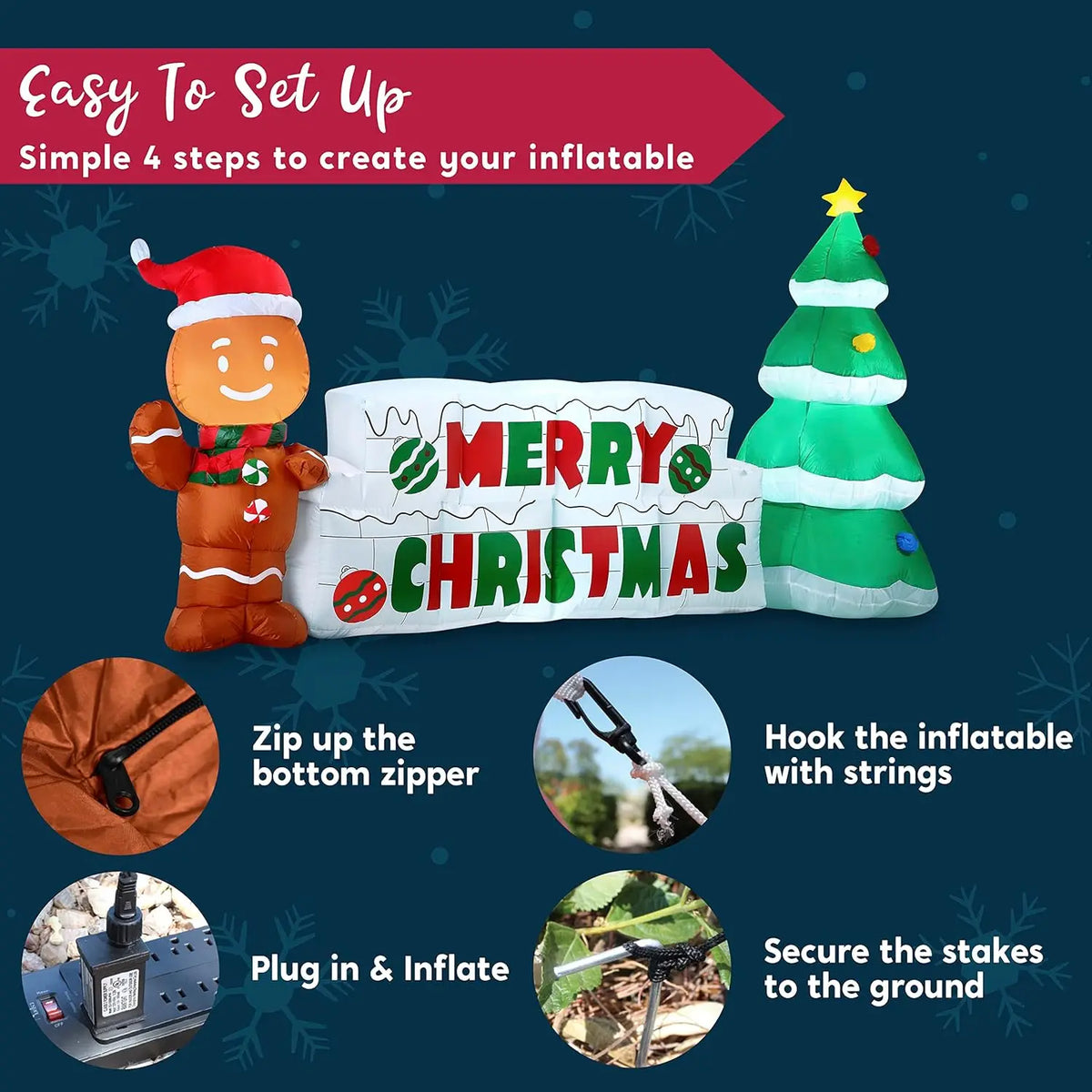 Gingerwish setup graphic for closing the zipper, plugging in and anchoring the display.
