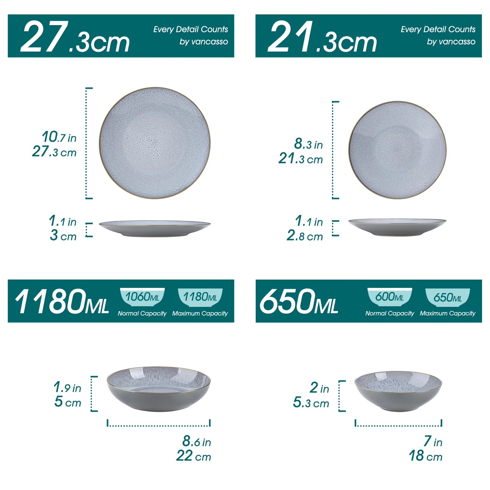 Measurement chart comparing two ceramic bowls with dimensions and capacities.