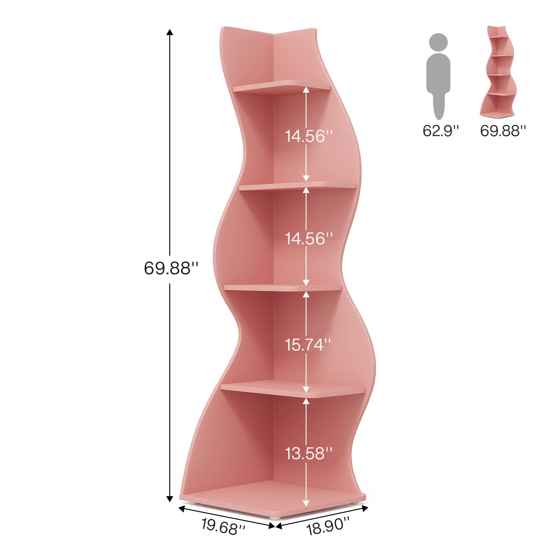 Pink wavy shelf with dimensions on a white background