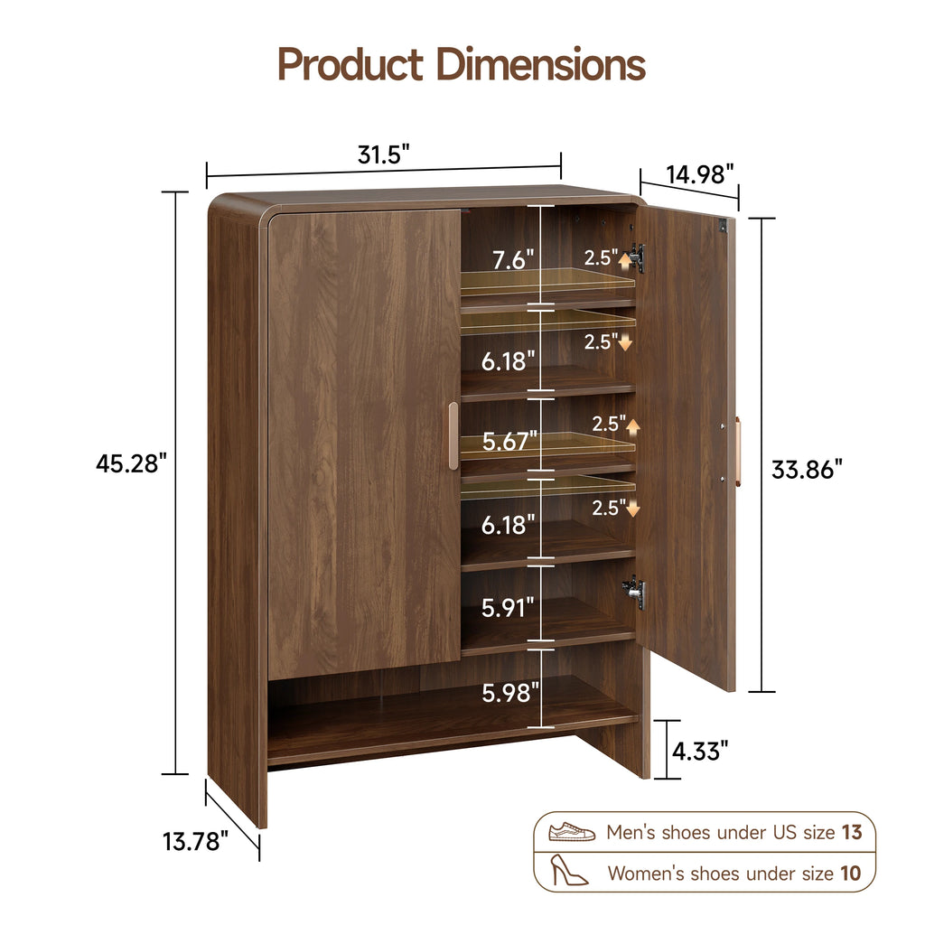 Hushline Brown Walnut cabinet dimension diagram with adjustable shelf clearances.
