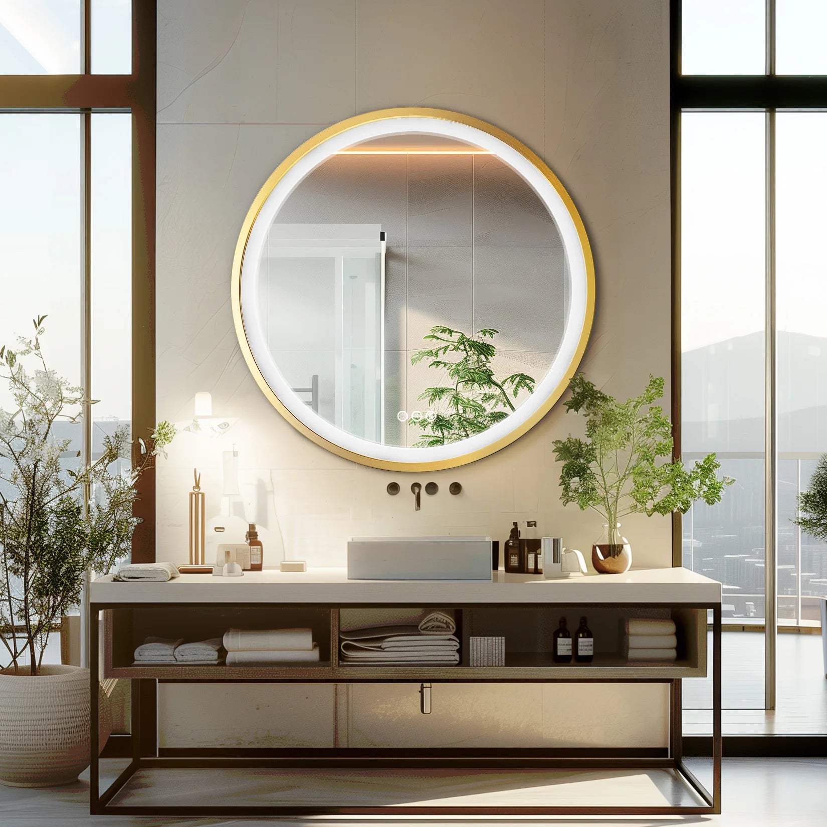 Round LED Bathroom Mirror – Gold Aluminum Frame, Anti-Fog