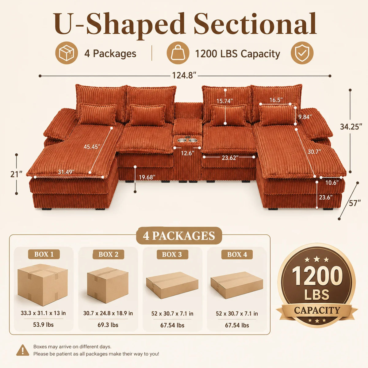 Wynterford 120-Inch 5-Piece Corduroy Sectional with Console