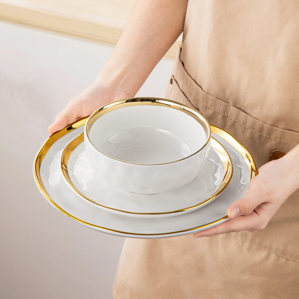 LOVECASA 12-Piece Hammered Dinnerware Set with Gold Trim