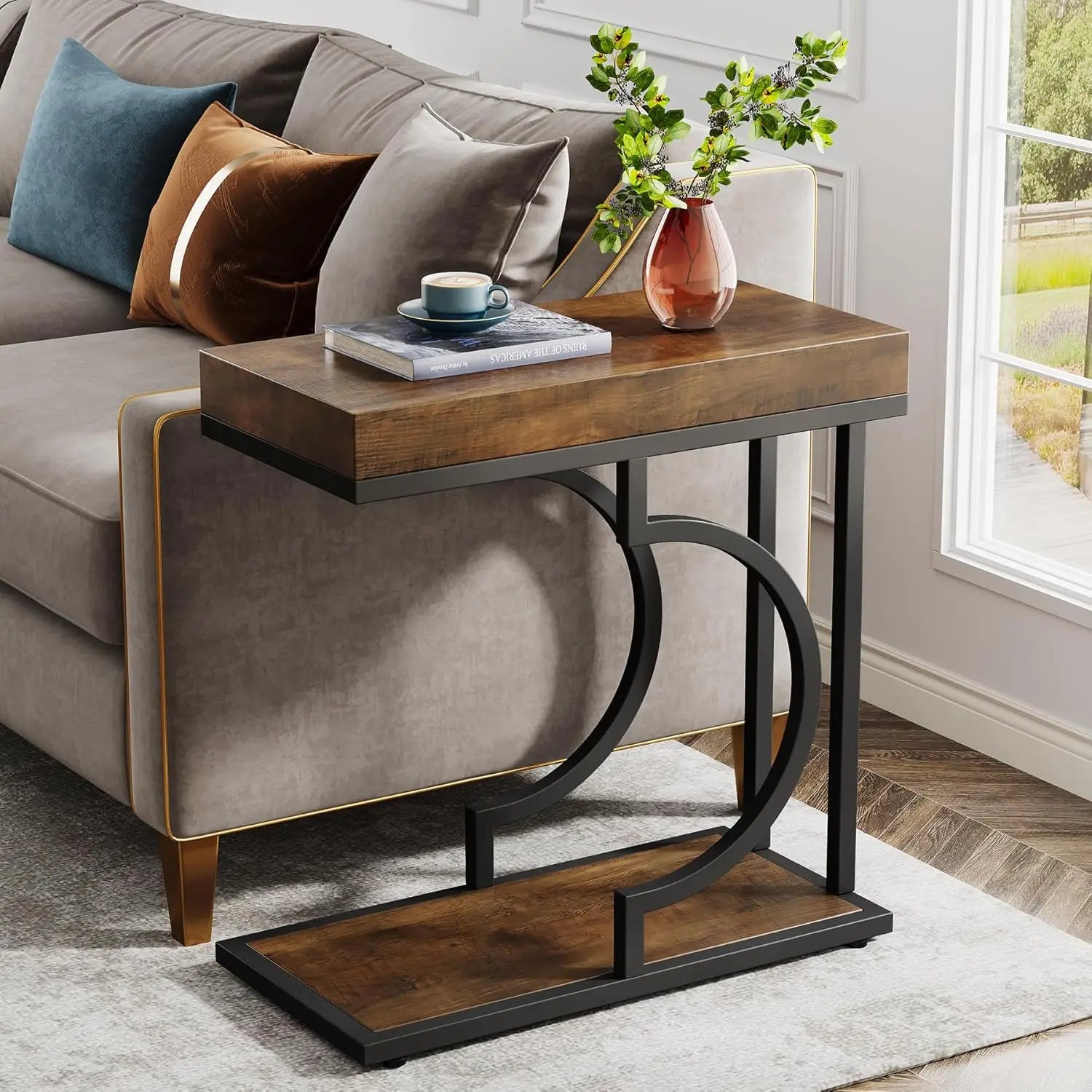 Wooden side table with metal legs next to a gray sofa in a living room.