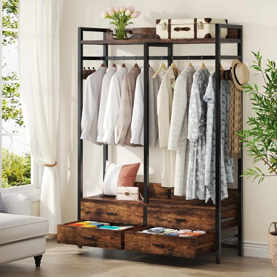 Rustic-brown closet organizer with a black frame, hanging space, side hooks, and four drawers, with two drawers open.