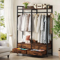 Rustic-brown closet organizer with a black frame, hanging space, side hooks, and four drawers, with two drawers open.