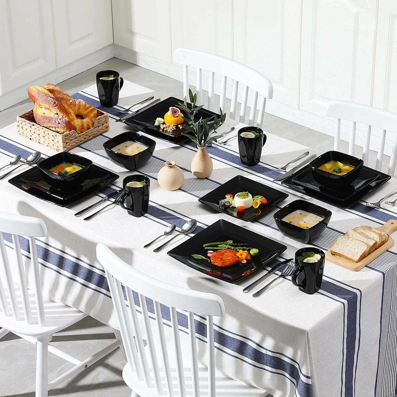 Vancasso SOHO Series Square Black Dinnerware Set with Mugs – 16, 32, or 48 Pieces