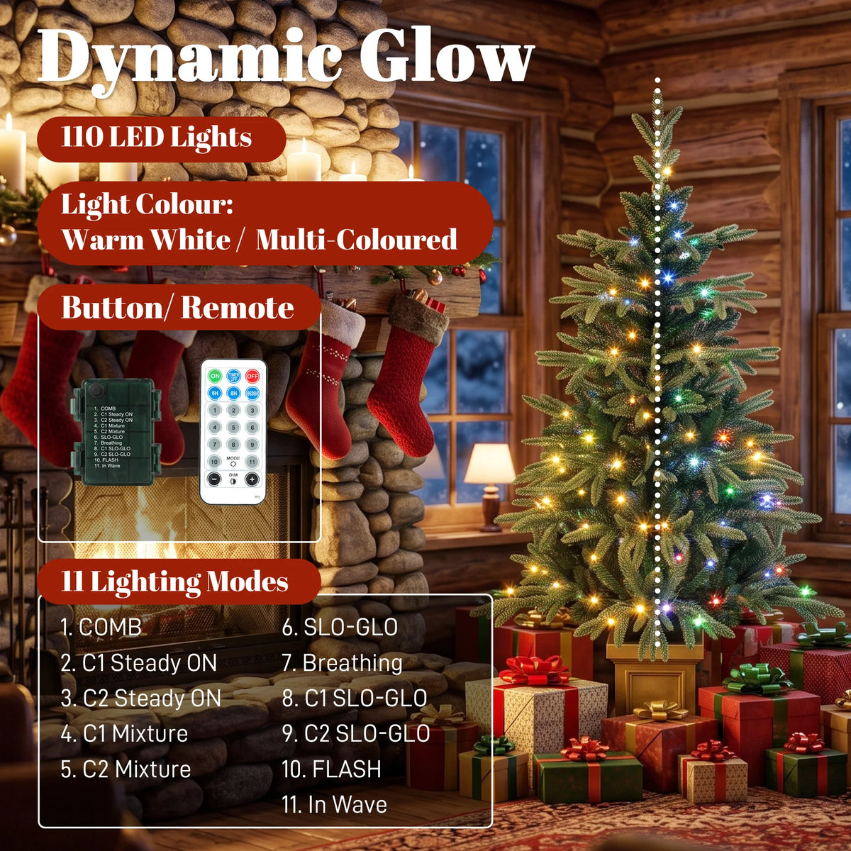 Aspenglow feature graphic showing 110 LEDs, dual-color lighting, remote control, and 11 lighting modes