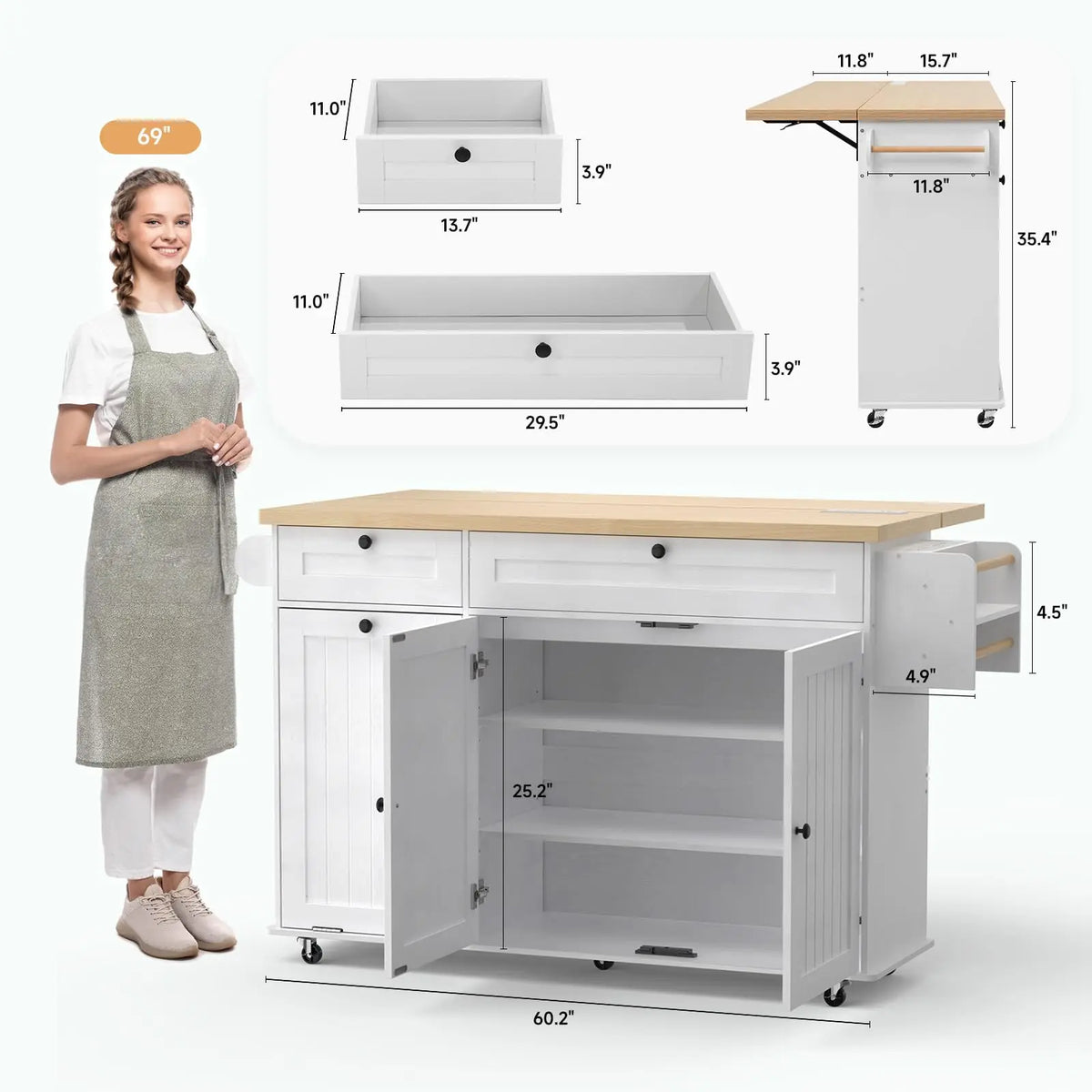 Juniperhalo Rolling Kitchen Island with Power Outlet