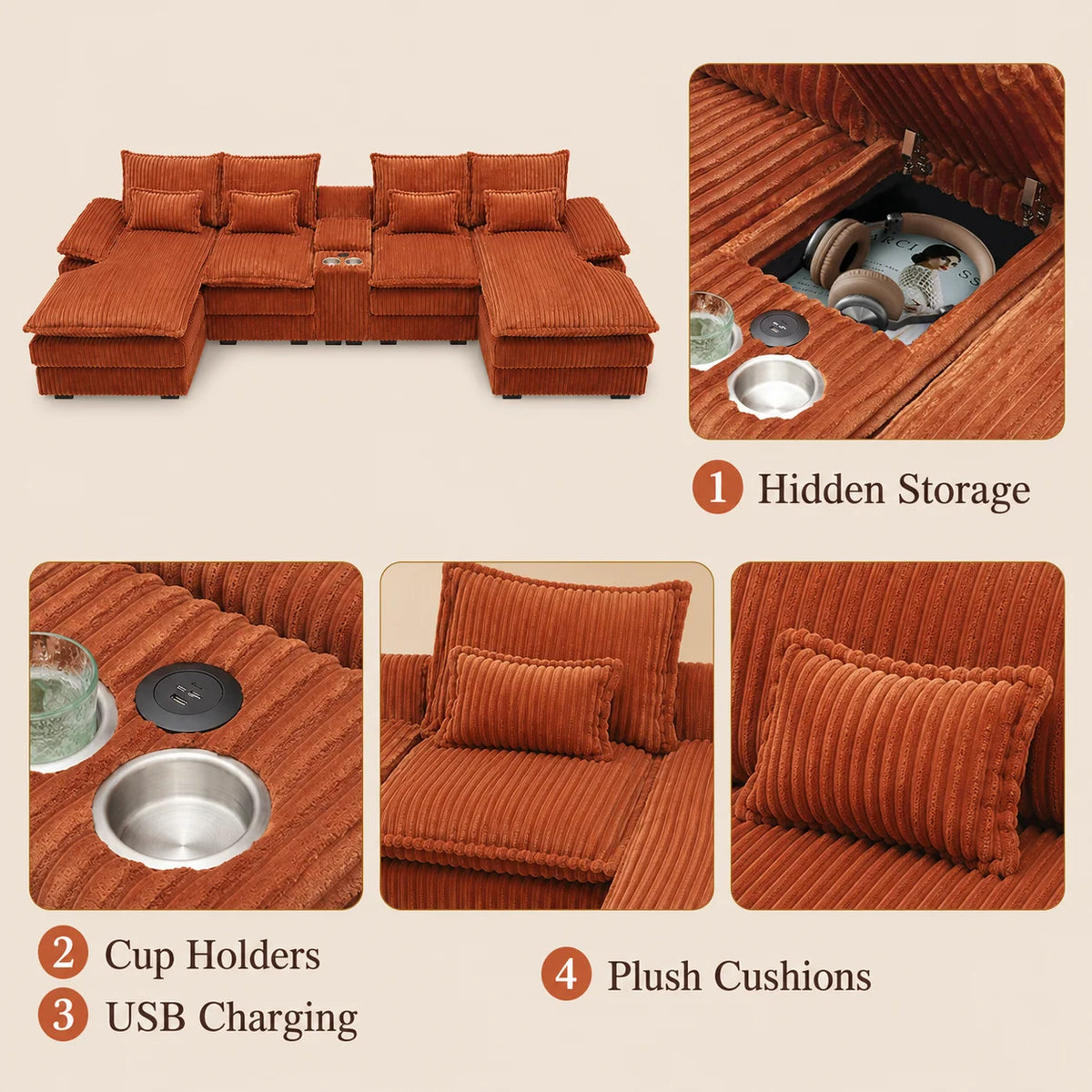 Wynterford 120-Inch 5-Piece Corduroy Sectional with Console