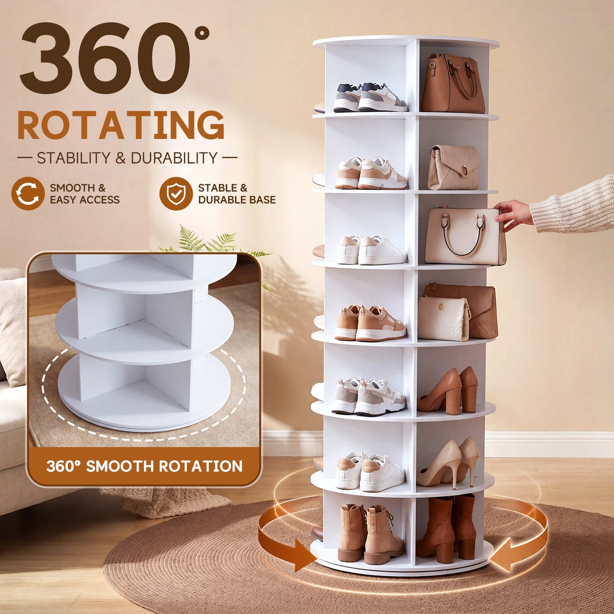 White shoe rack in a room with a base closeup and arrows illustrating the graphic's 360-degree rotation claim.
