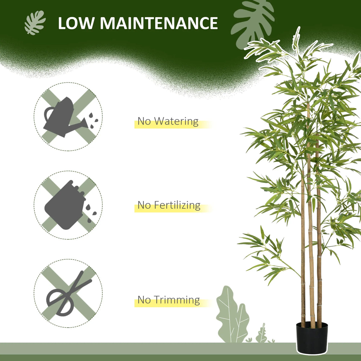 Arusha artificial-tree care graphic stating no watering, fertilizing or trimming