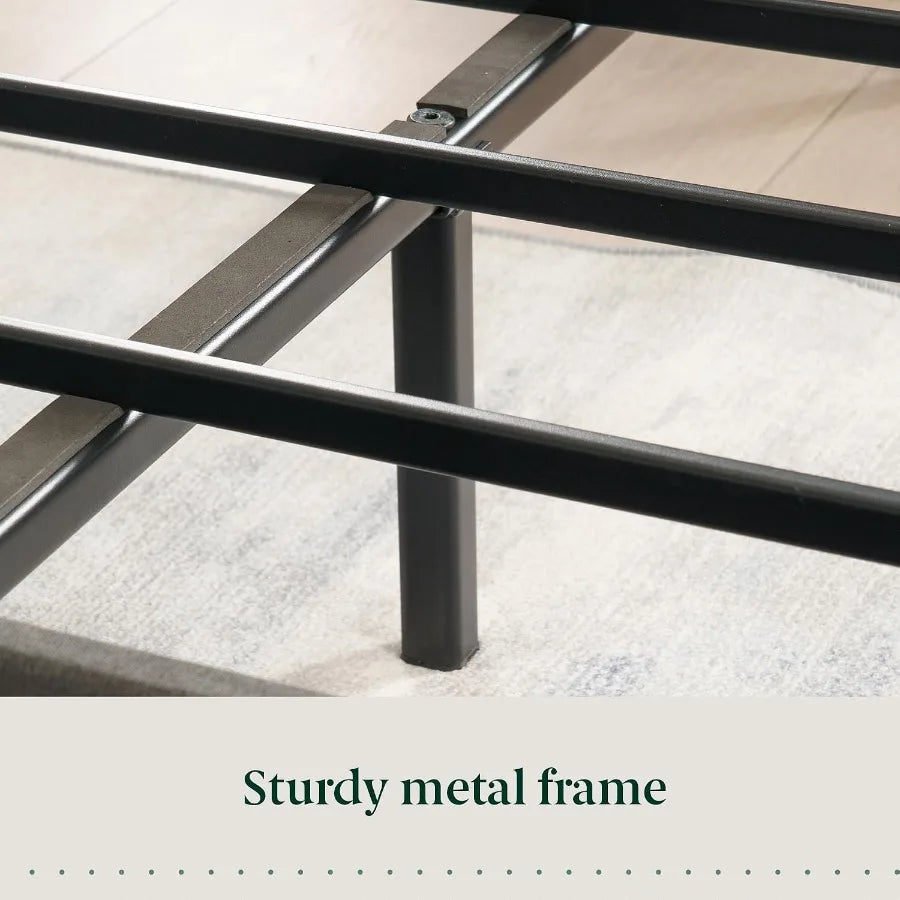 Close-up of the black metal slats, center support rail and support leg.