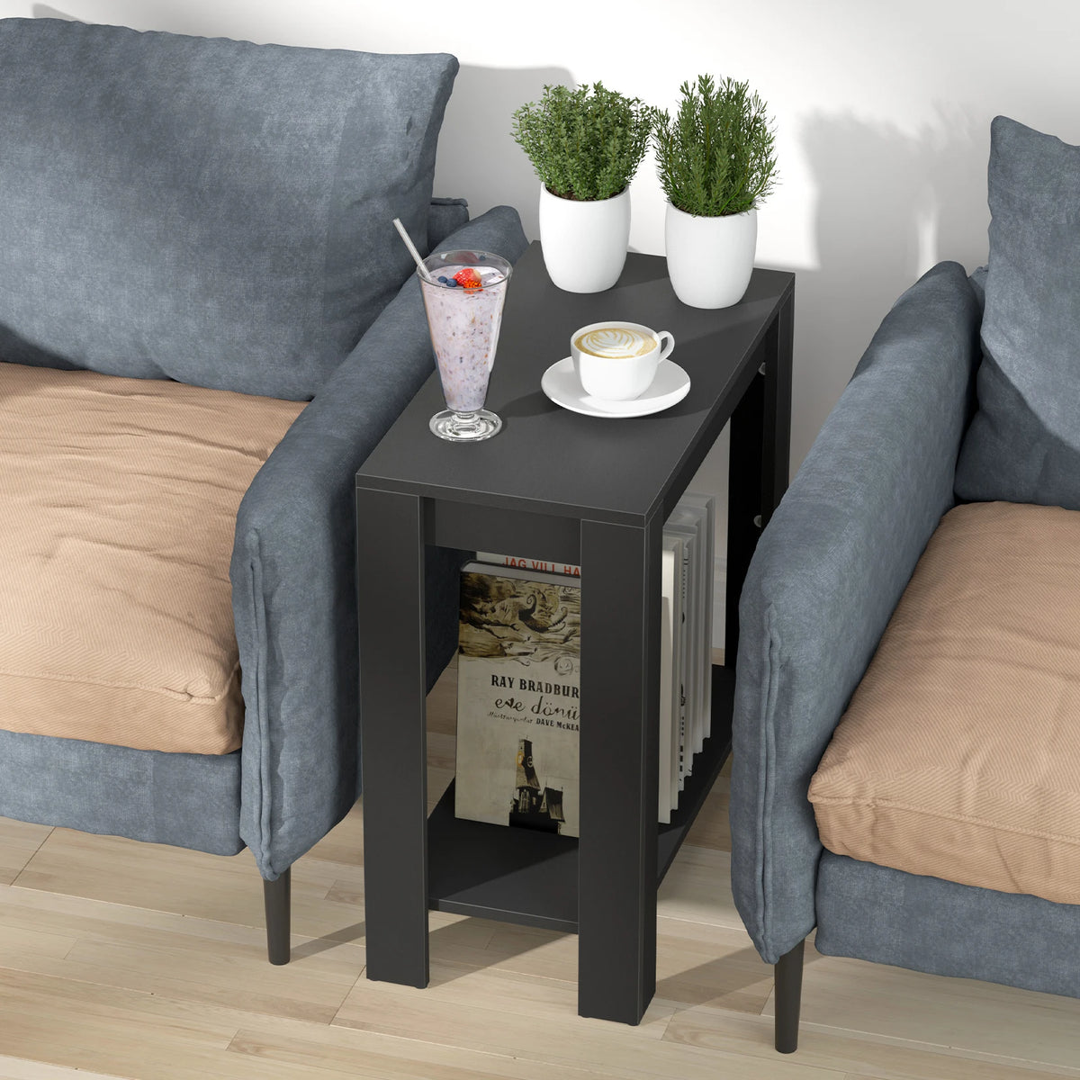 Rhapsodylark narrow side table between two armchairs, with drinks on top and books on the lower shelf.
