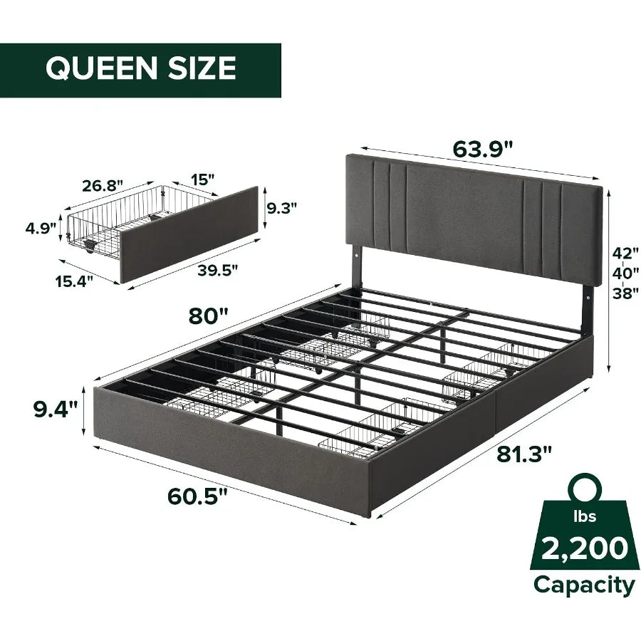 Queen frame measurement diagram with a 63.9-inch headboard width and 38-, 40- or 42-inch height settings.