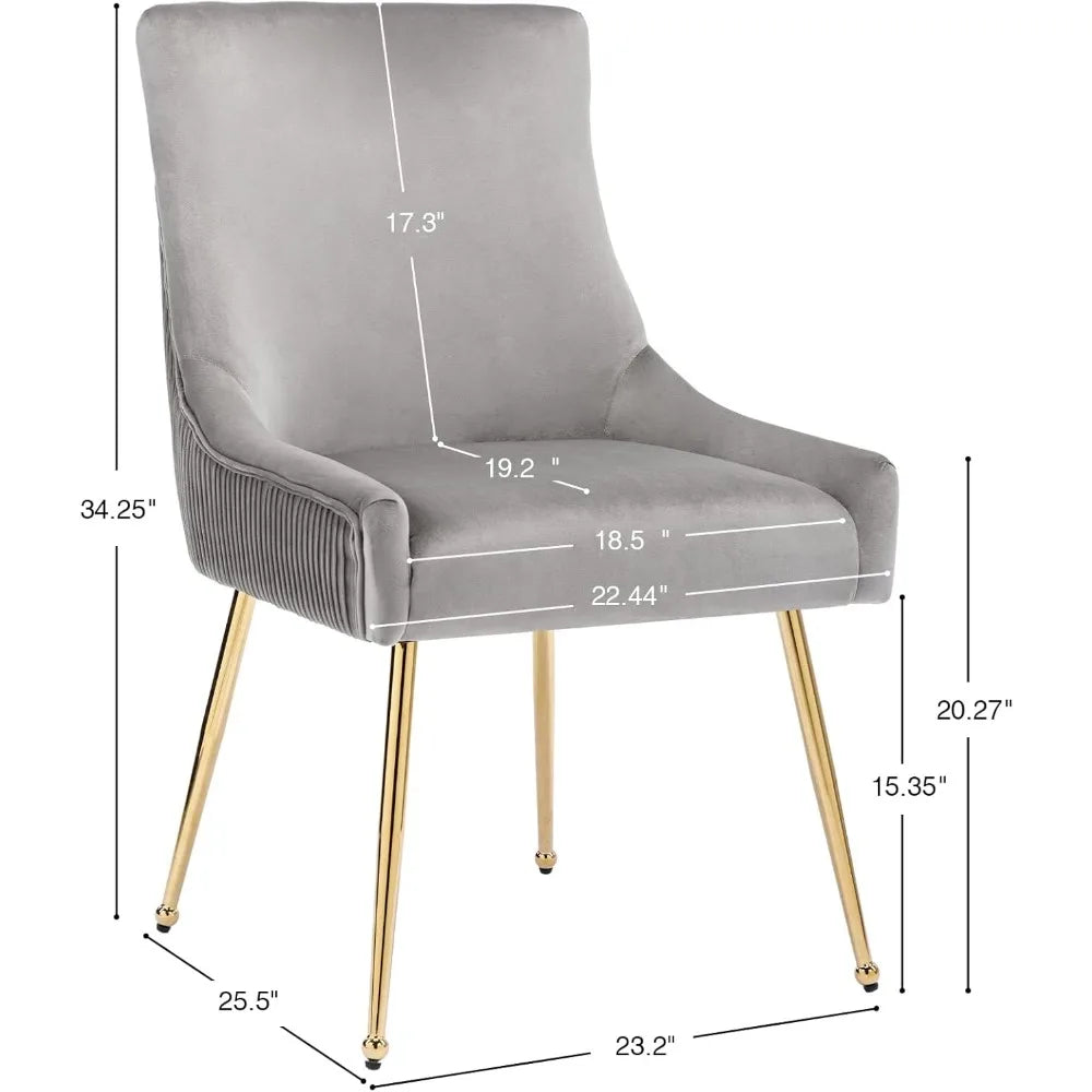 Gray upholstered chair with gold legs and dimensions labeled on a white background