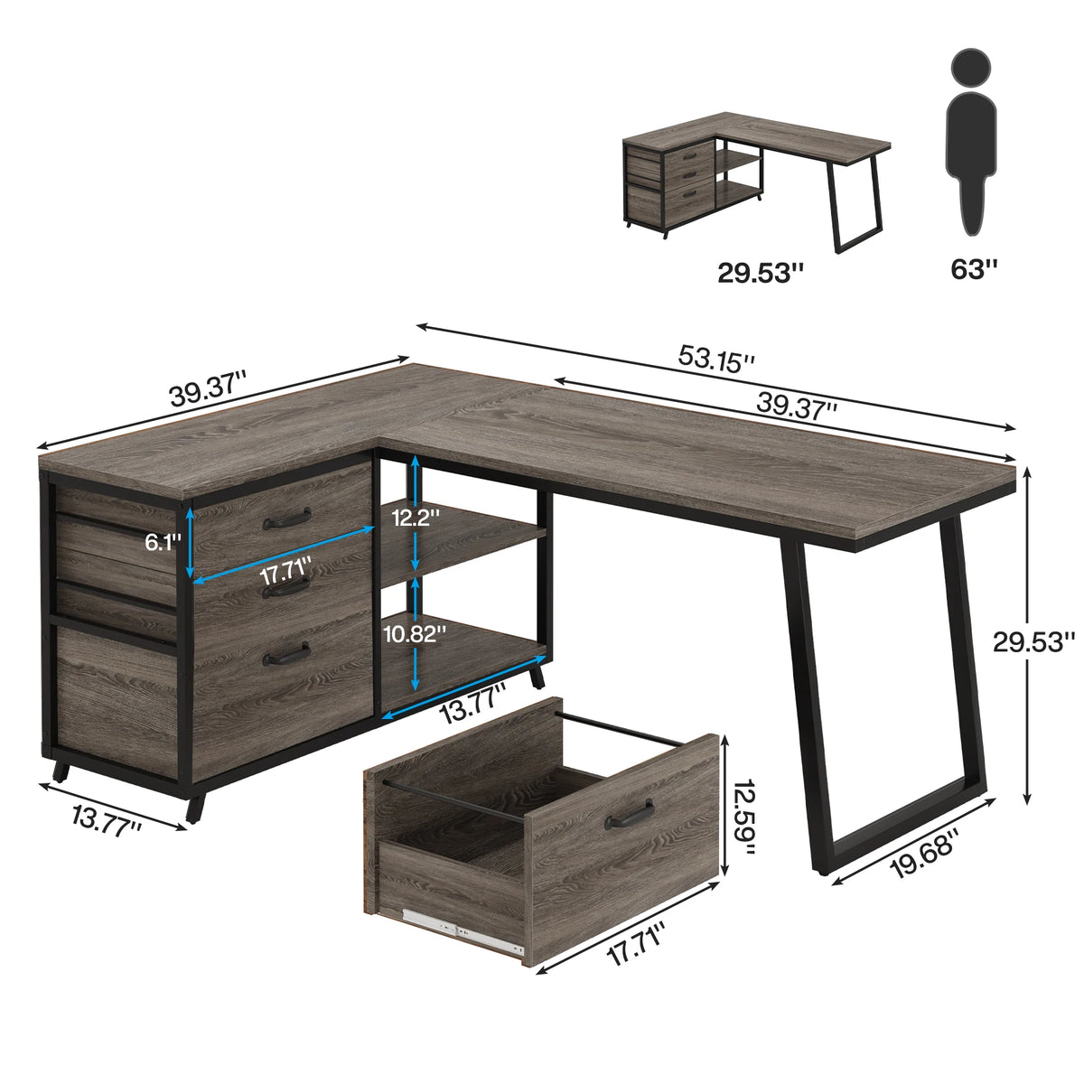 Prismveil dimensions showing 53.15-inch width, 39.37-inch depth, drawer sizes, shelf clearances, and 29.53-inch height