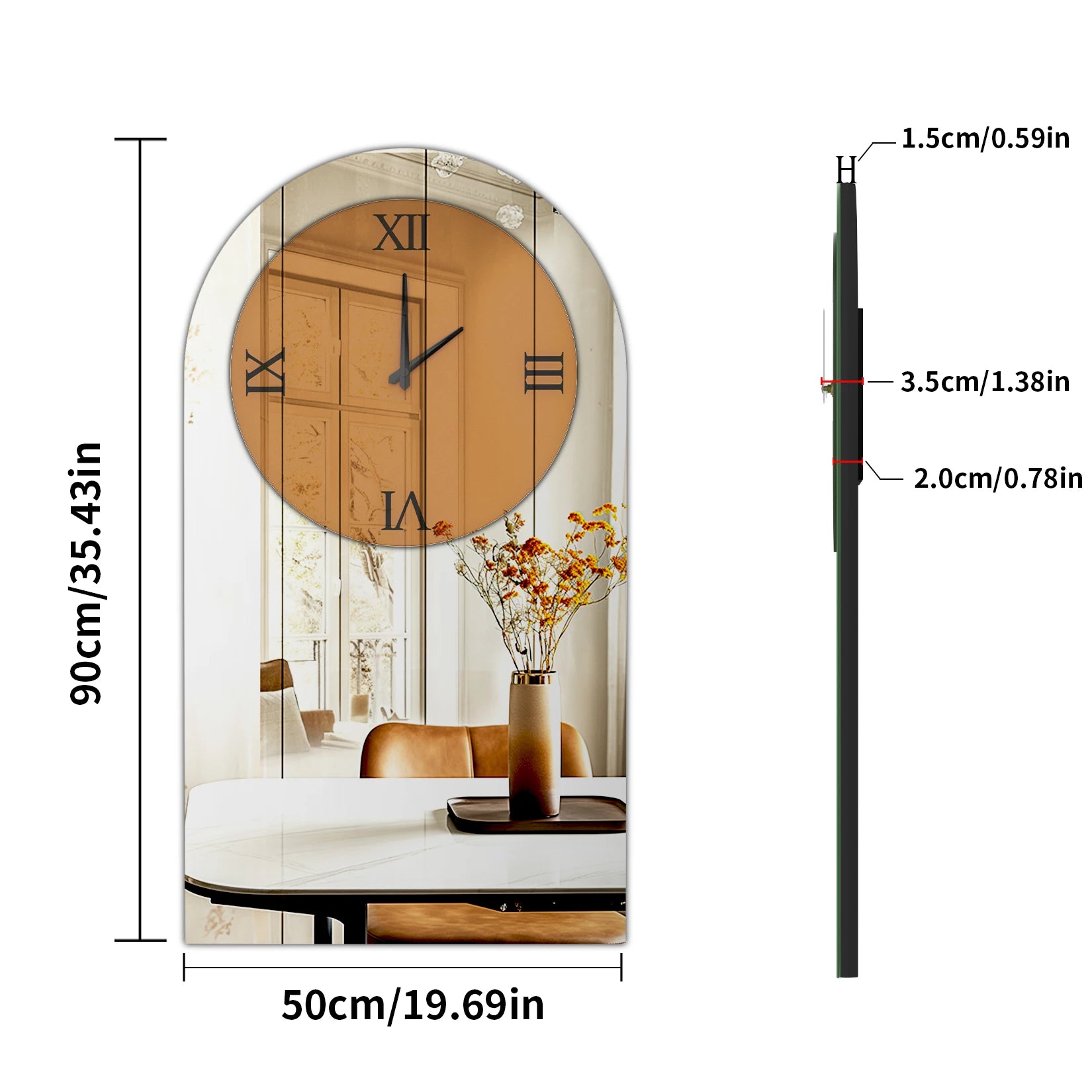 Measurement chart of a decorative wall clock with dimensions labeled.