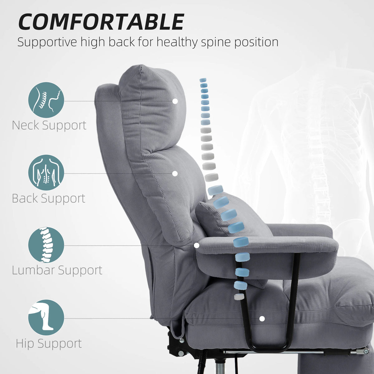 Side-view chair graphic with neck, back, lumbar and hip support callouts.