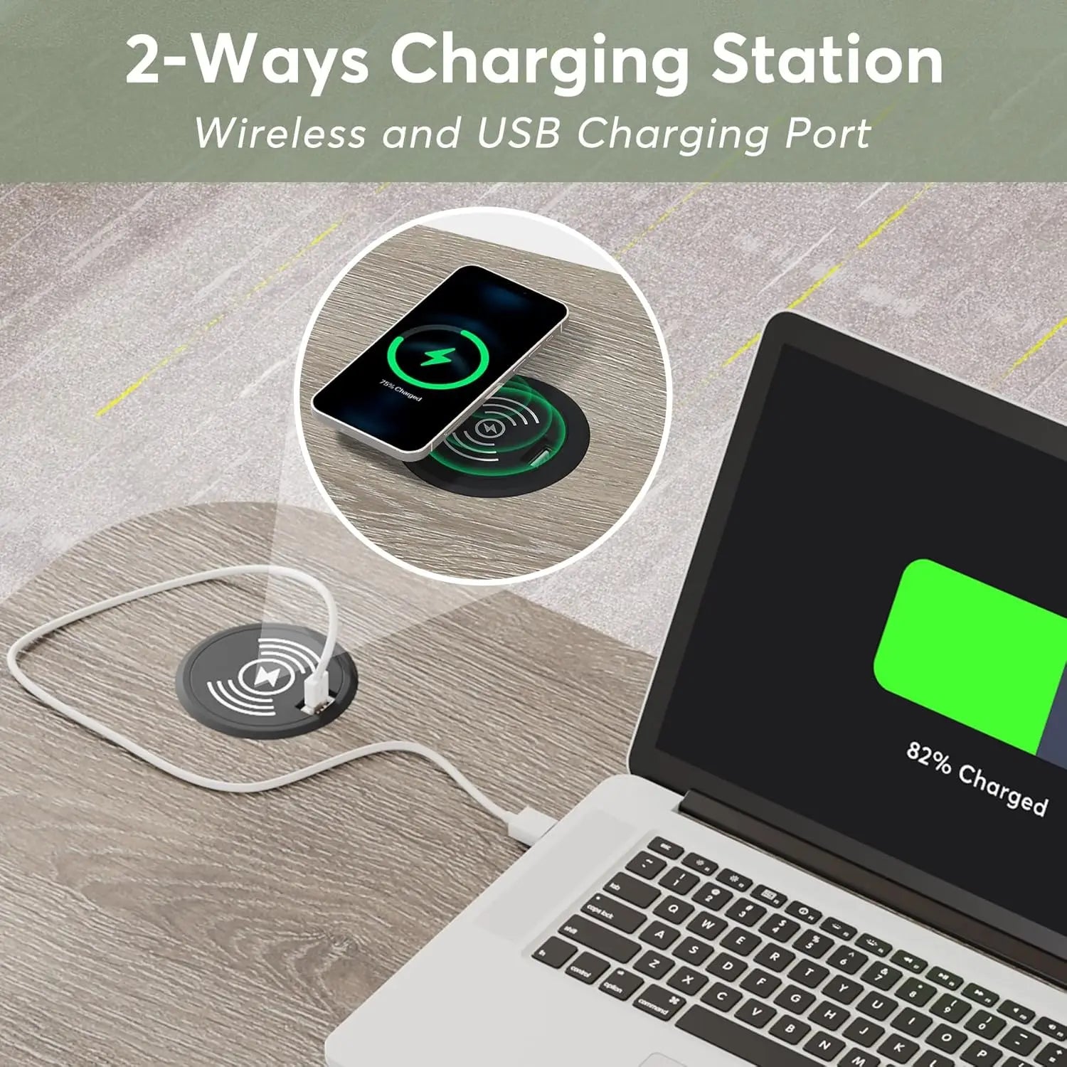 Laptop charging with a wireless and USB charging station on a wooden surface.