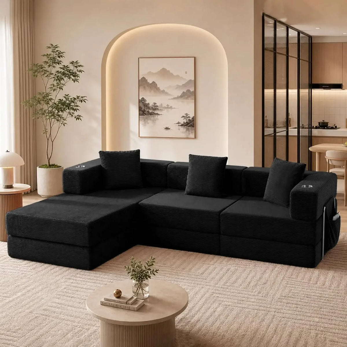 Luvrenne Black corduroy convertible sectional variant