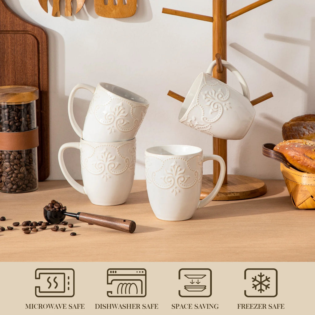 White GISELLE mugs stacked and hanging on a mug rack above microwave, dishwasher and freezer care symbols