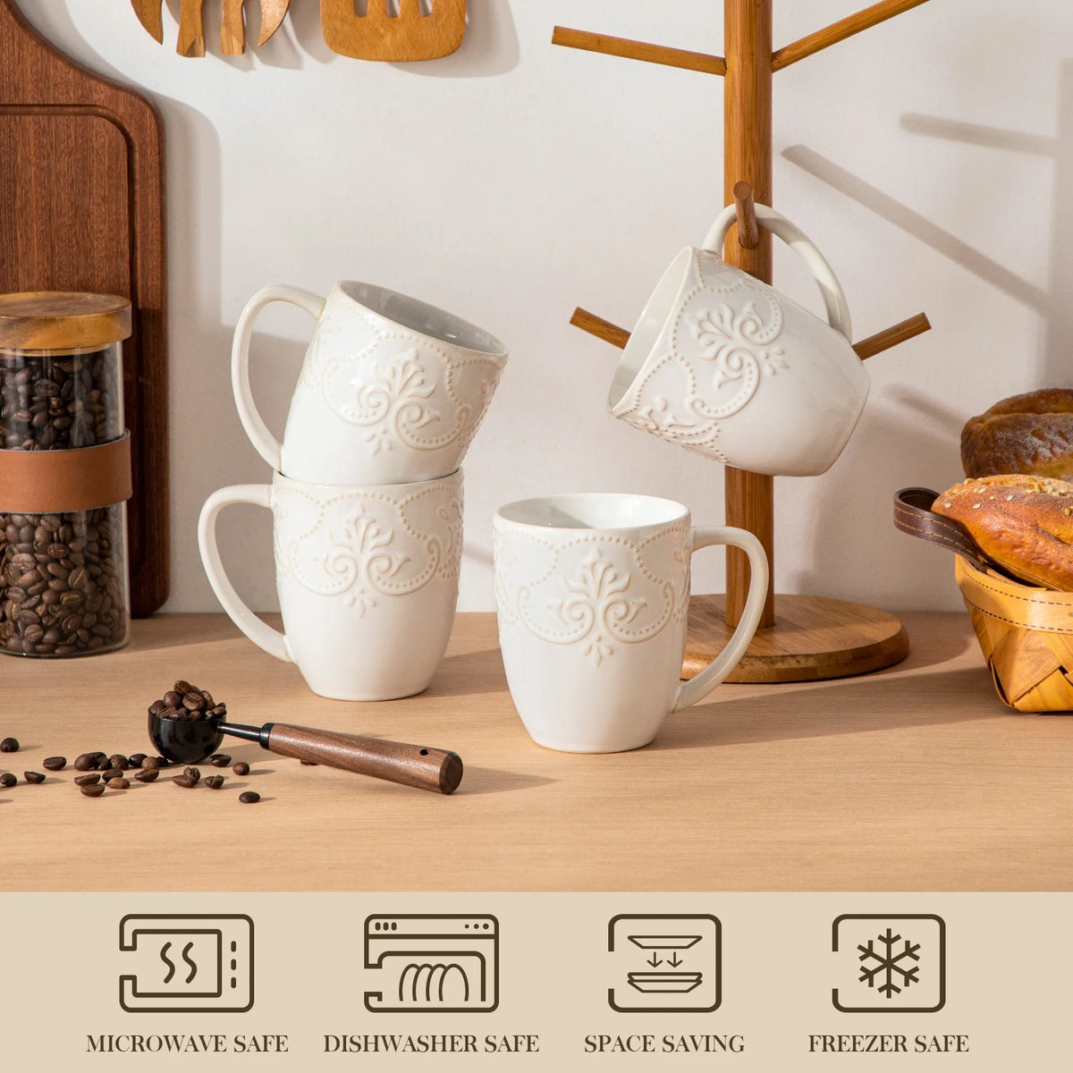 White GISELLE mugs stacked and hanging on a mug rack above microwave, dishwasher and freezer care symbols