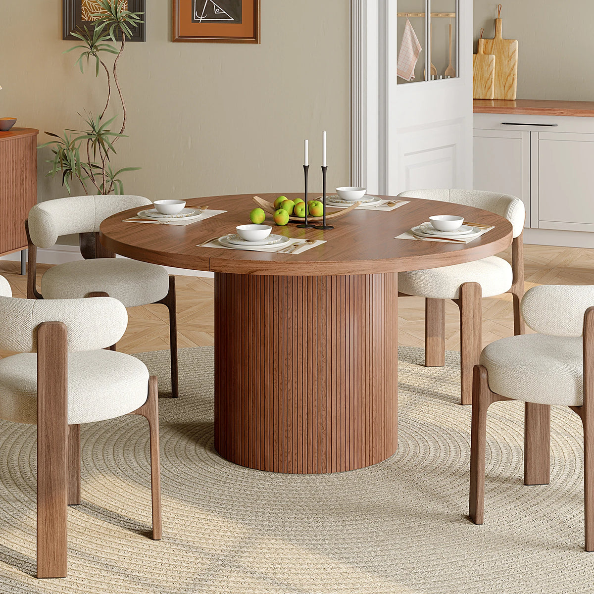 Duskwhisper walnut-finish round table with a fluted pedestal, styled beside a kitchen.