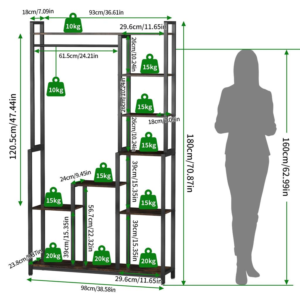 Measurement chart of a metal shelf with weight indicators and a silhouette of a person for scale.