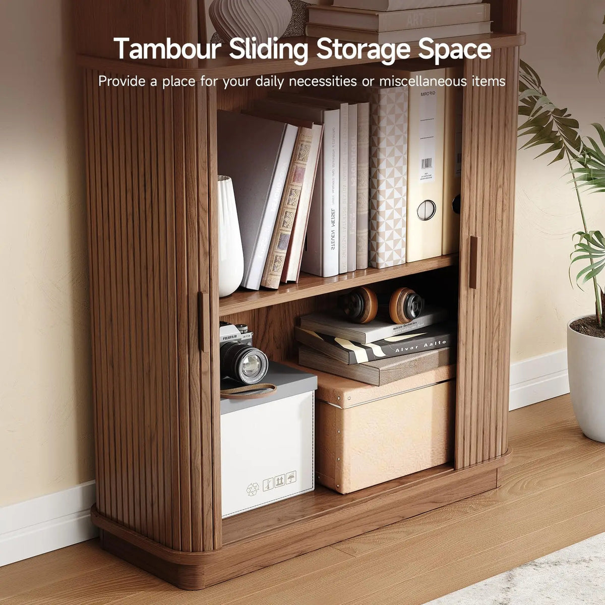 Brown Hushbloom tambour doors open to reveal two lower storage levels