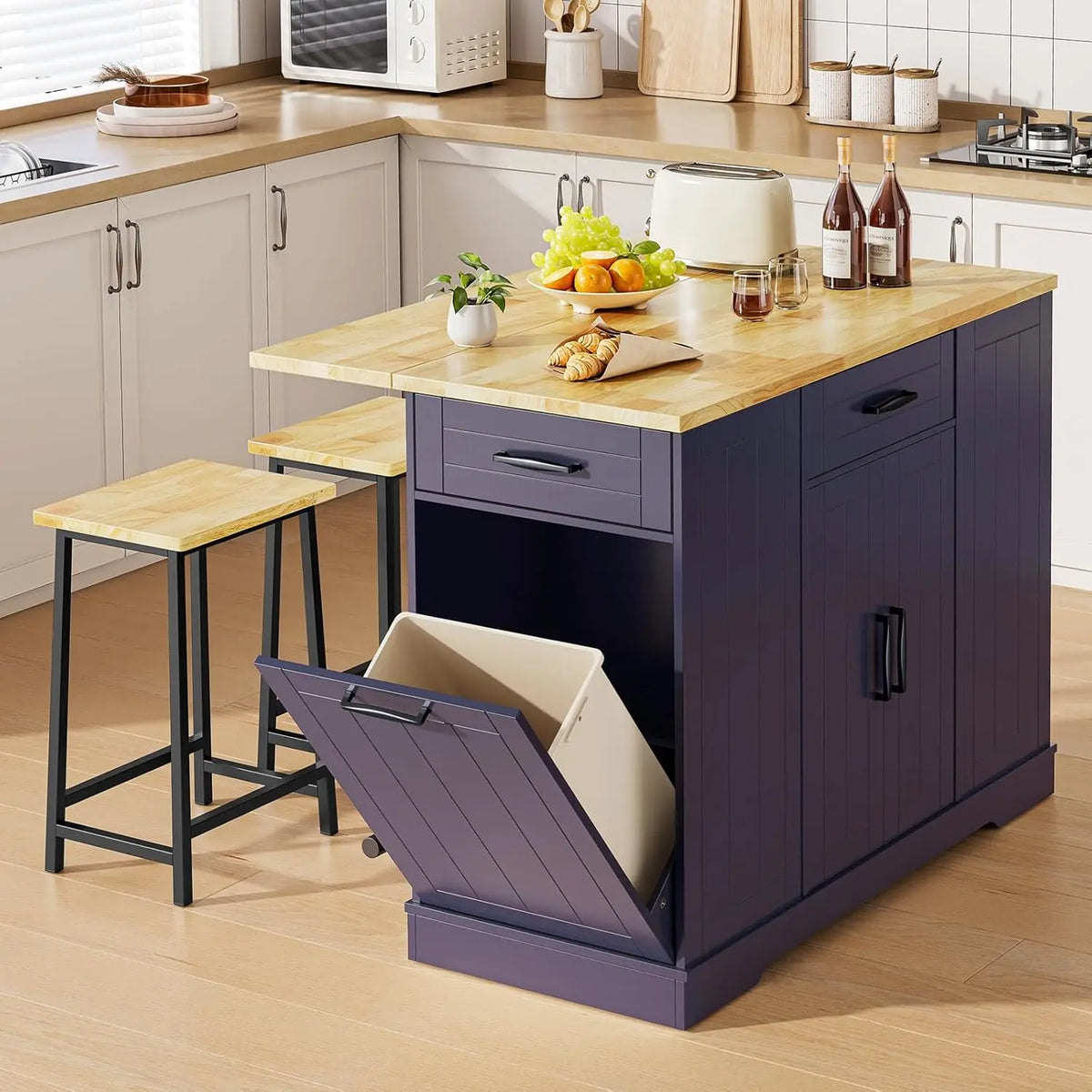 Sablecharm blue island with open tilt-out trash compartment and two stools