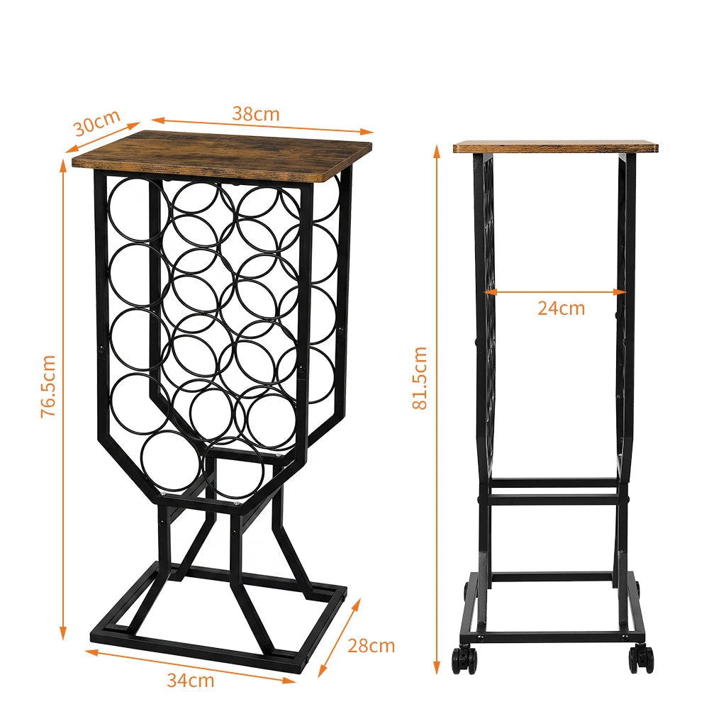 Dimensions of a small table with wine rack on a white background