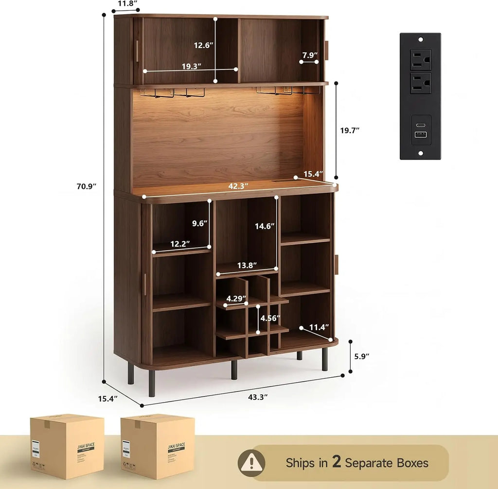 Sablenote brown bar cabinet dimension diagram showing 43.3-inch width, 15.4-inch depth and 70.9-inch height.