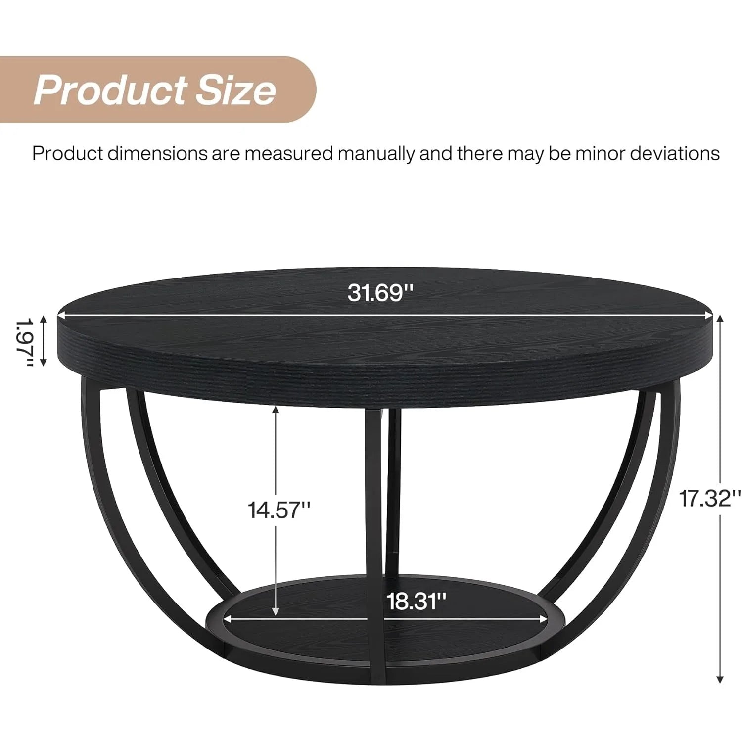 Black round coffee table with measurements on a white background