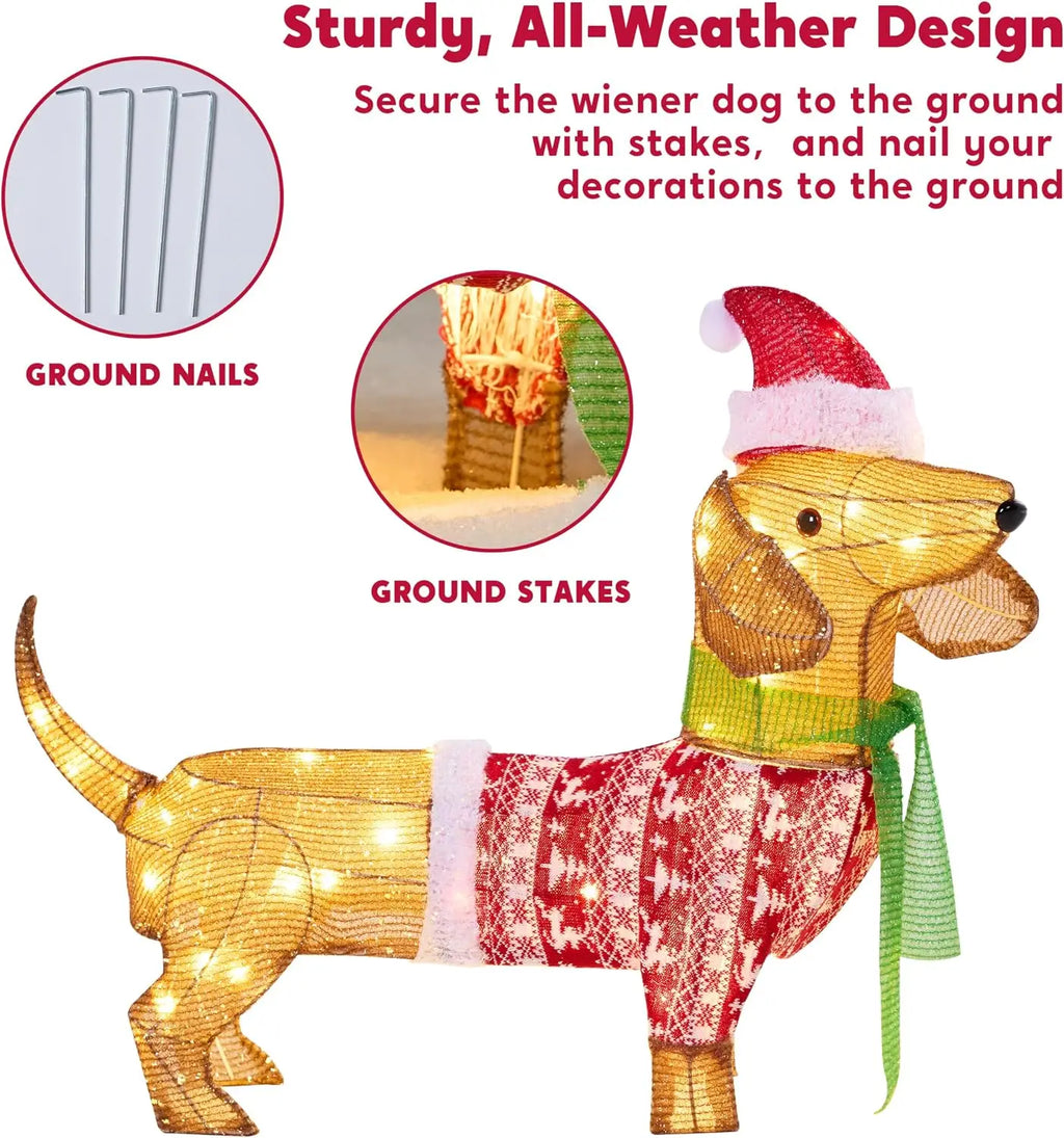 Kipwick dachshund decoration with four ground stakes and a close-up of a stake securing a foot