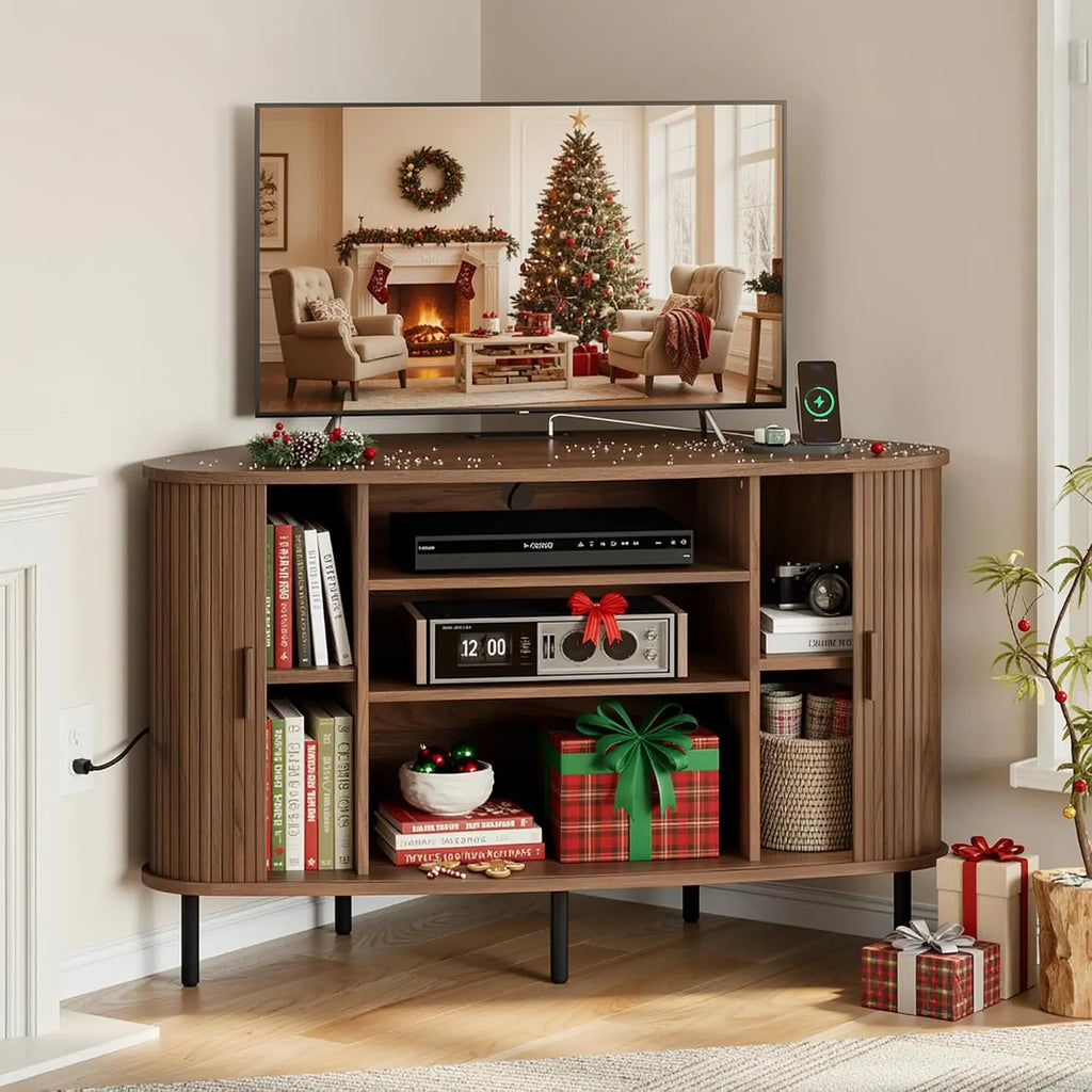 Doveveil TV stand with sliding doors open and shelves styled with electronics and holiday decor.