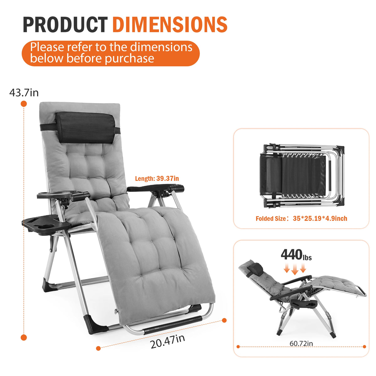 Annecy dimensions showing 43.7-inch height, 39.37-inch upright length, 20.47-inch width, 60.72-inch reclined length, folded size, and 440-lb capacity