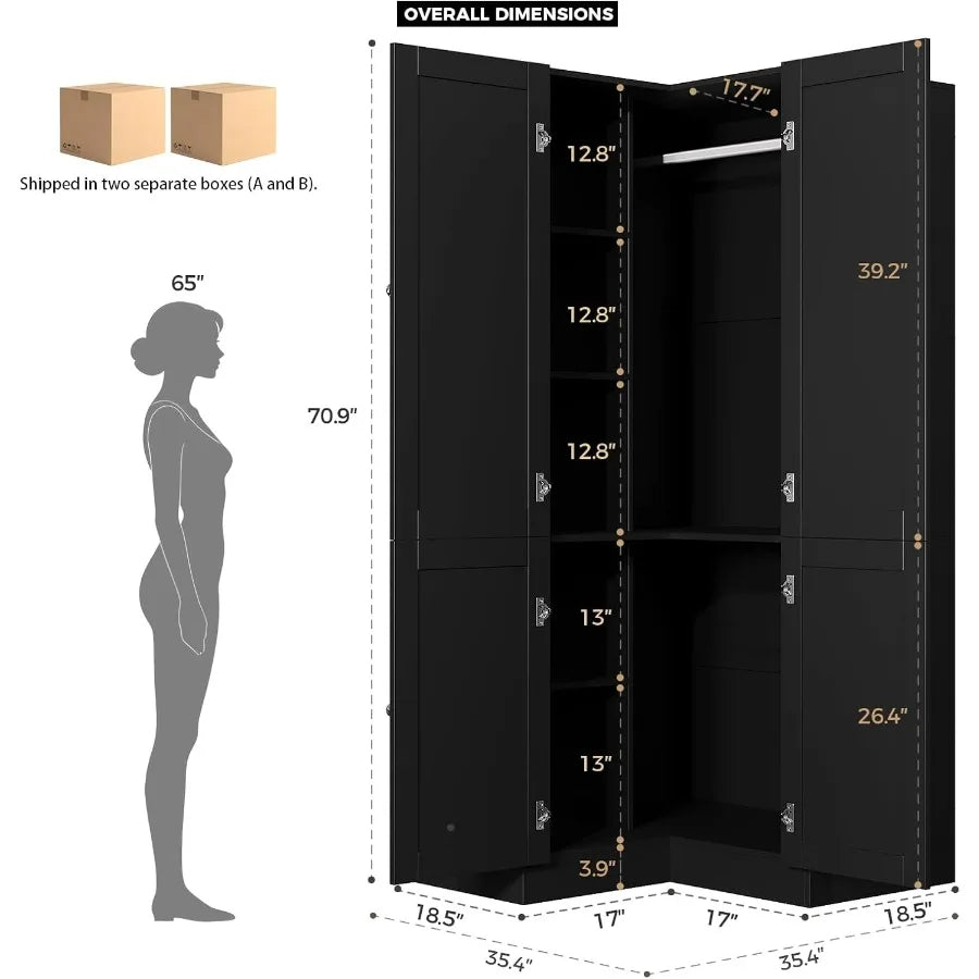 Interior corner-wardrobe measurements with shelf-compartment heights and hanging-area labels.