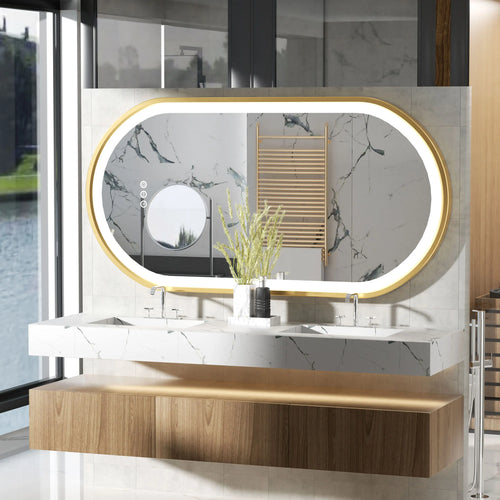 Modern bathroom vanity with a large oval mirror, wooden shelf, and marble wall.