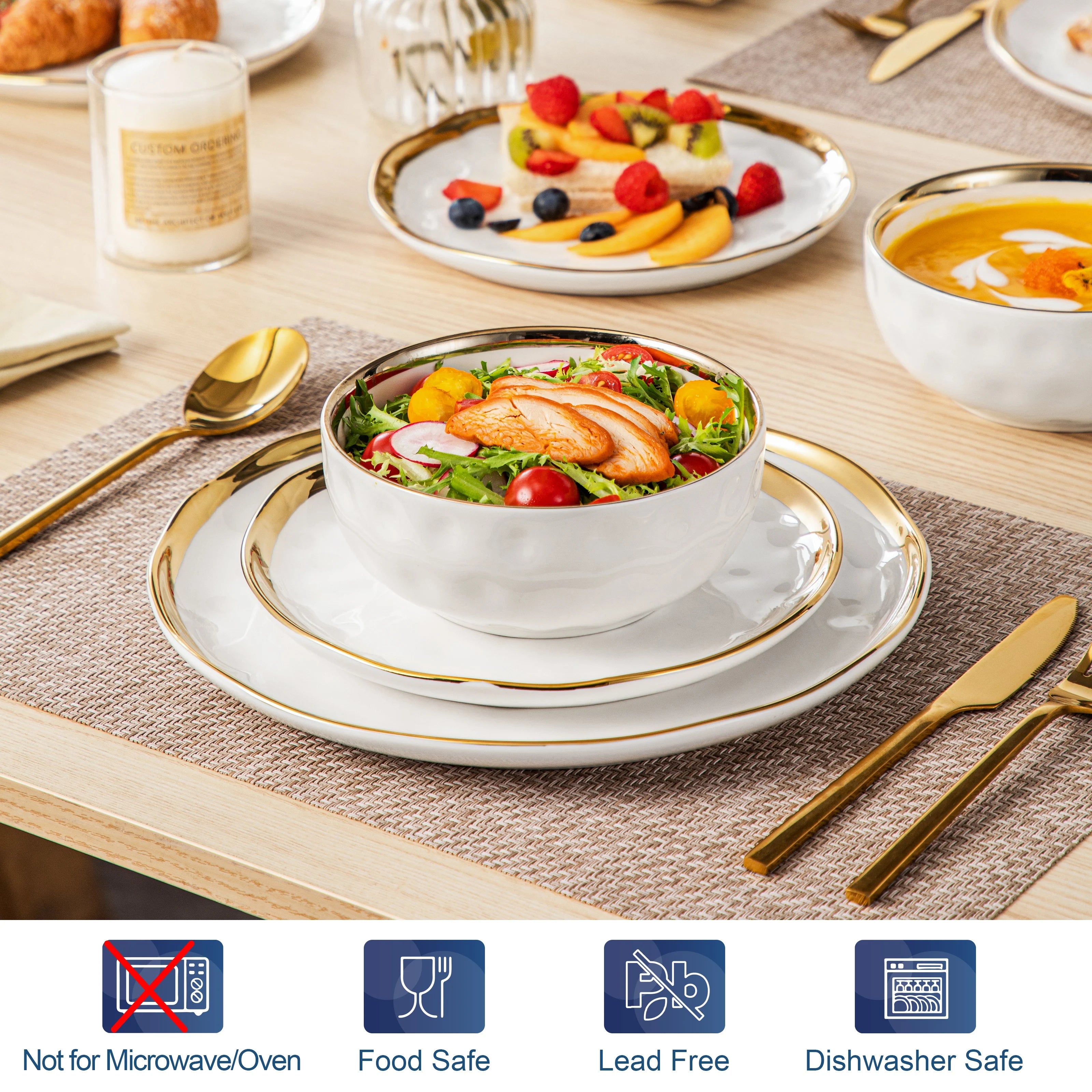 LOVECASA 12-Piece Hammered Dinnerware Set with Gold Trim