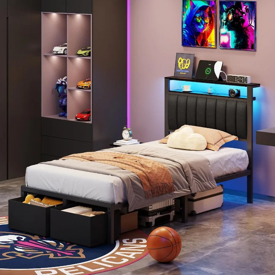 Three-quarter view of the lit twin bed with under-bed storage space