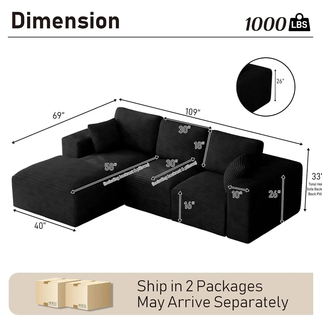 Linvere sectional dimension chart showing 109-inch width, 69-inch chaise depth and a total load limit of 1,000 lbs