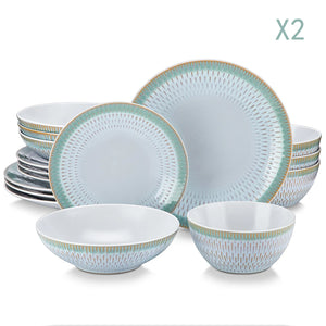 VANCASSO Pluvo Spring Series Stoneware Dinnerware Set – Green Trim, 16/32/48 Pieces
