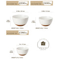 Three white bowls with measurements and Malacasa Porcelain logo on a white background