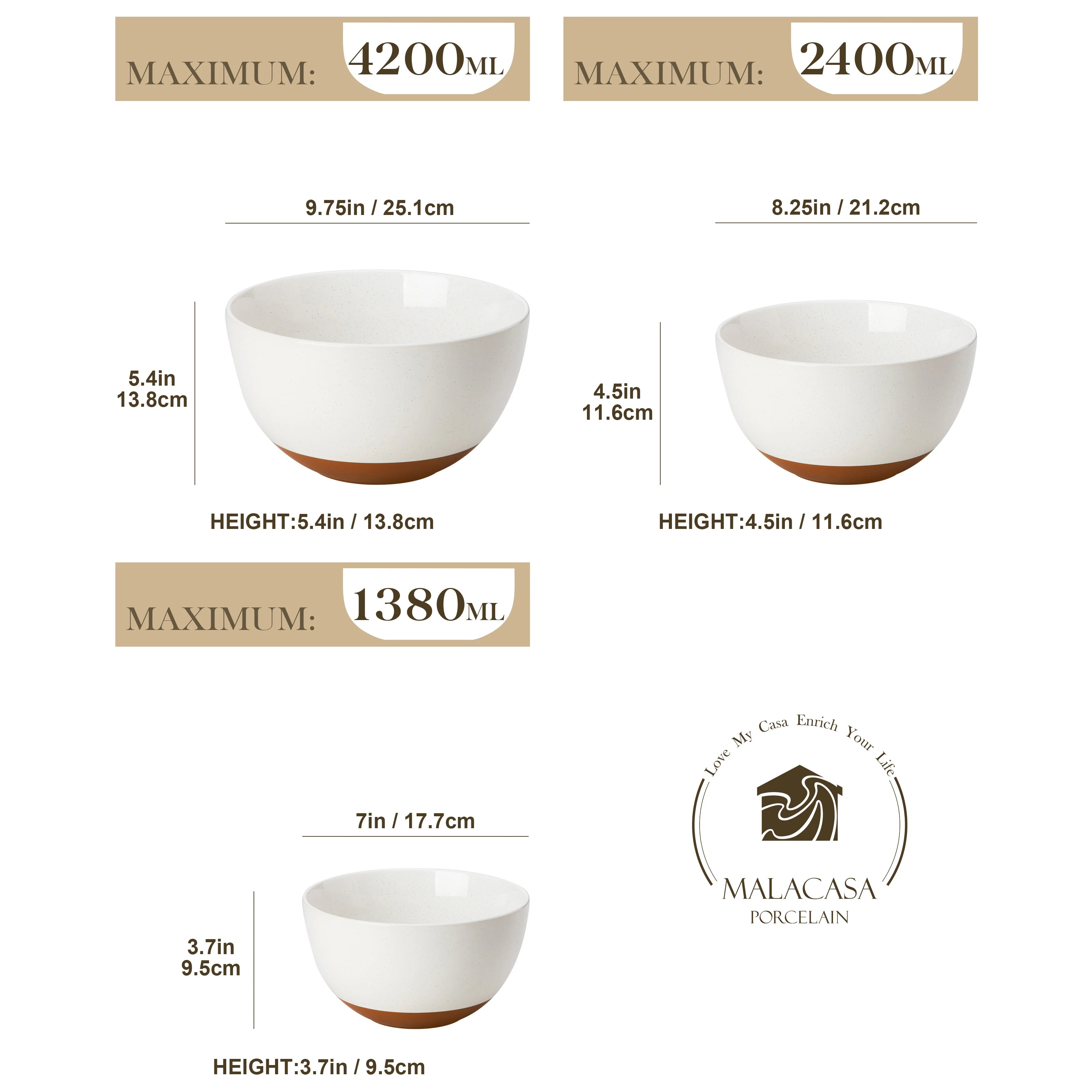 Three white bowls with measurements and Malacasa Porcelain logo on a white background